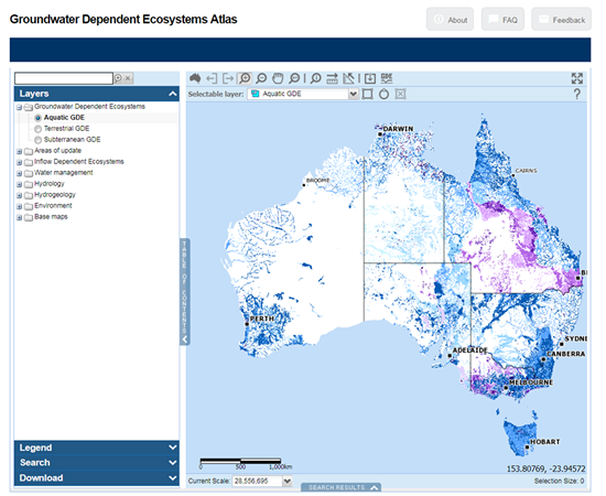 Screen capture of the Groundwater Dependent Ecosystems Atlas. Visit http://www.bom.gov.au/water/groundwater/gde/map.shtml to use the GDE Atlas